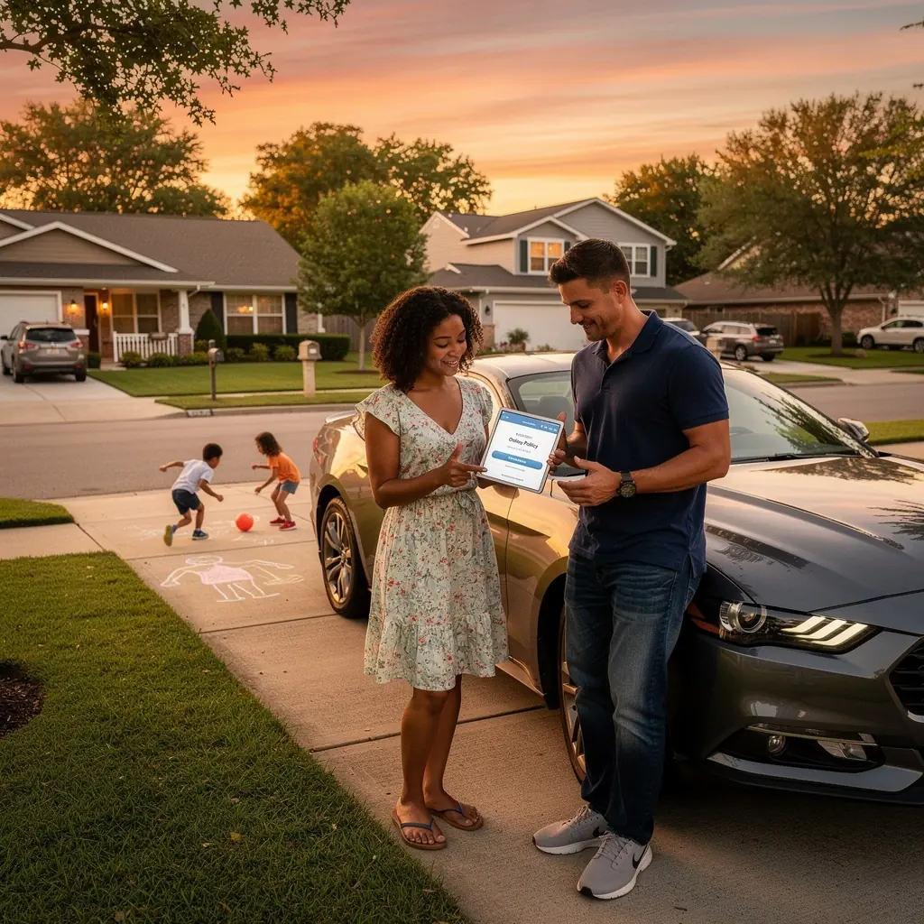 Изображение автомобиля с защитной символикой, представляющее доступное автомобильное страхование в США.