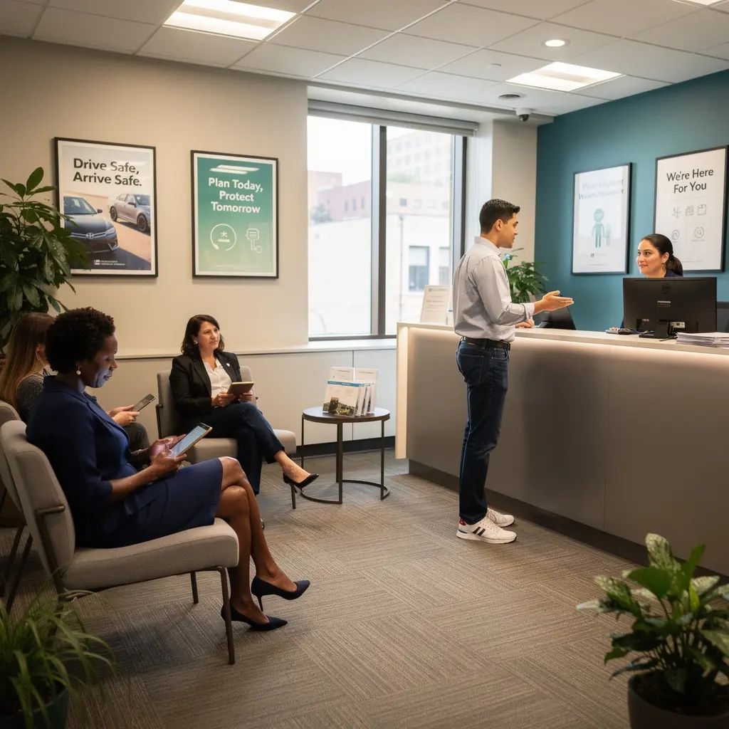 Изображение автомобиля, застрахованного в надежной страховой компании, на фоне городского пейзажа.